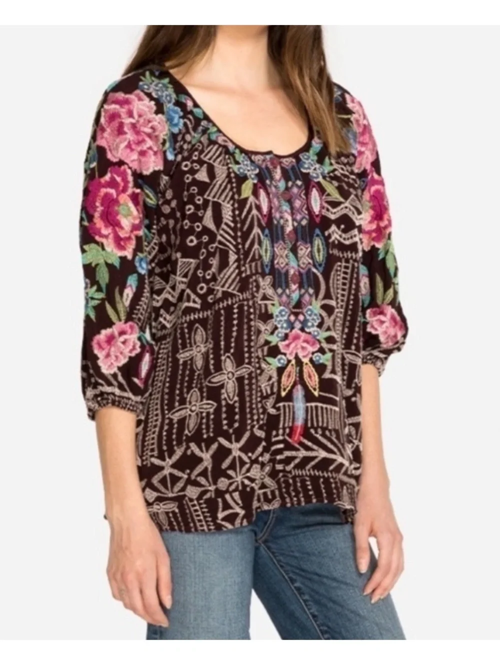 Johnny Was Trista Blouse Embroidered Floral Peasant Top Boho Artisan Size Small